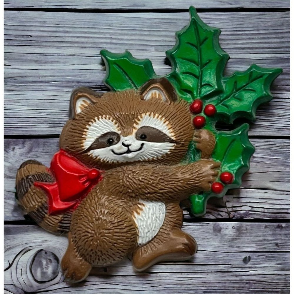 Hallmark Brown Raccoon Brooch Christmas Pin 1986 Vintage Holly Branch